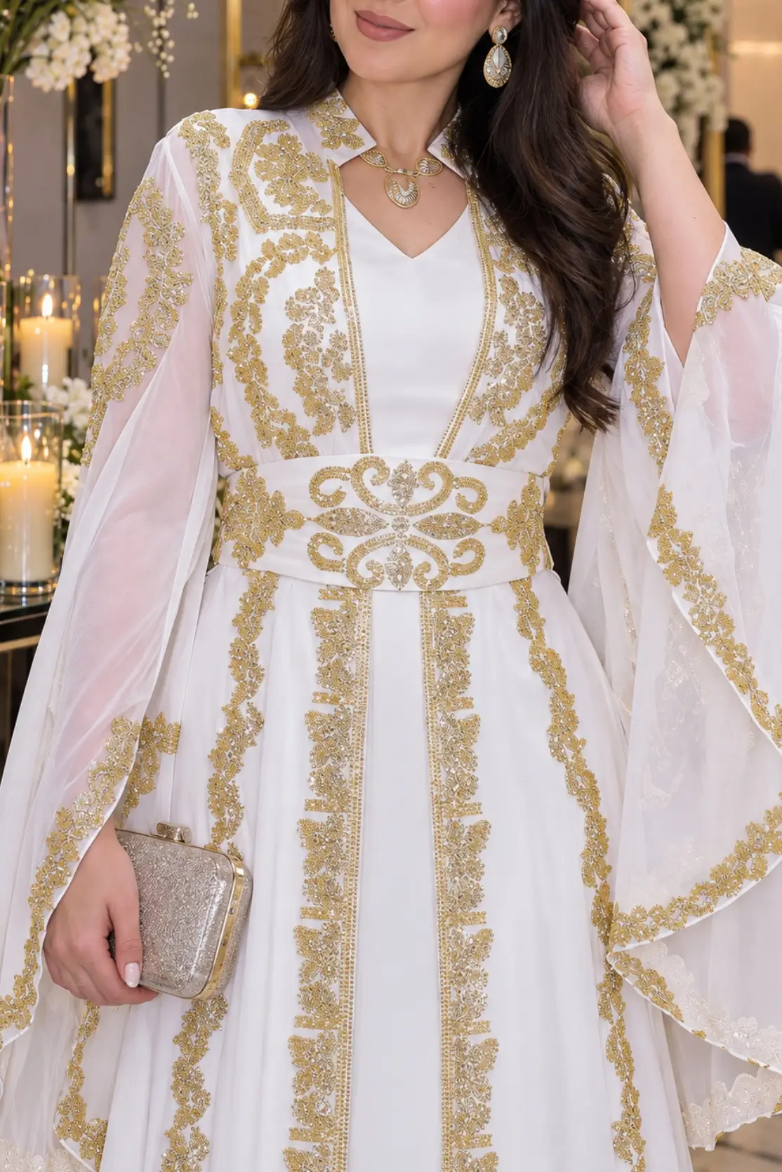 White Moroccan kaftan dress with detailed gold embroidery and flowing sheer sleeves (1)