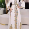 White Moroccan kaftan with gold and mint embroidered V neck long sleeves and matching waist belt (1)