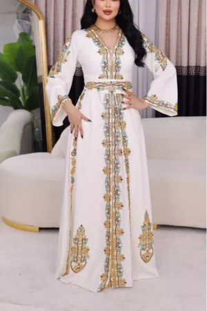 White Moroccan kaftan with gold and mint embroidered V neck long sleeves and matching waist belt (1)