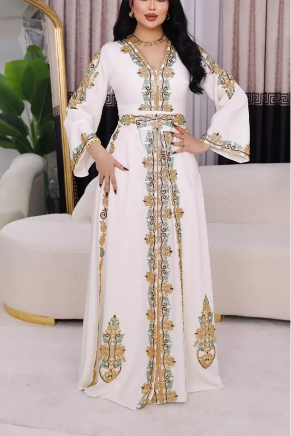 White Moroccan kaftan with gold and mint embroidered V neck long sleeves and matching waist belt (1)