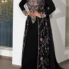 Black embroidered kaftan dress with pink floral beadwork silver embellishments and green accents (1)