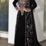 Black embroidered kaftan dress with pink floral beadwork silver embellishments and green accents (1)