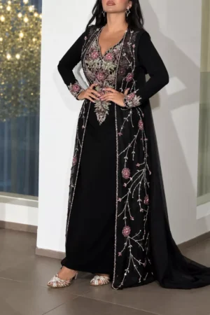 Black embroidered kaftan dress with pink floral beadwork silver embellishments and green accents (1)