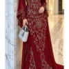 Burgundy Moroccan kaftan dress with intricate gold floral embroidery and long sleeves (1)