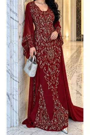 Burgundy Moroccan kaftan dress with intricate gold floral embroidery and long sleeves (1)