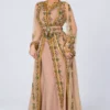 Moroccan kaftan dress with gold and green embroidery beaded belt and sheer sleeves (1)