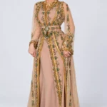 Luxurious Beige Moroccan Kaftan Dress with Gold & Green Embroidery, Beaded Wedding Gown, Dubai Style Farasha Dress, Nikkah & Formal Occasion Wear