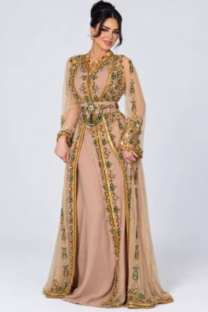 Moroccan kaftan dress with gold and green embroidery beaded belt and sheer sleeves (1)