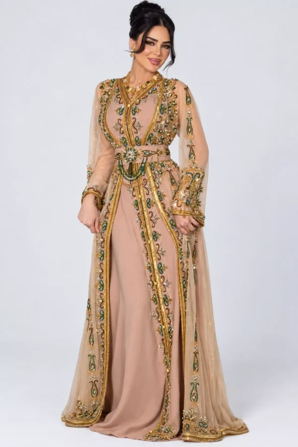 Moroccan kaftan dress with gold and green embroidery beaded belt and sheer sleeves (1)