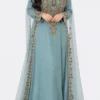 Moroccan kaftan dress with gold embroidery colorful beadwork long sleeves, and sheer embellished cape panels (1)