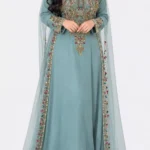 Moroccan kaftan dress with gold embroidery colorful beadwork long sleeves, and sheer embellished cape panels (1)