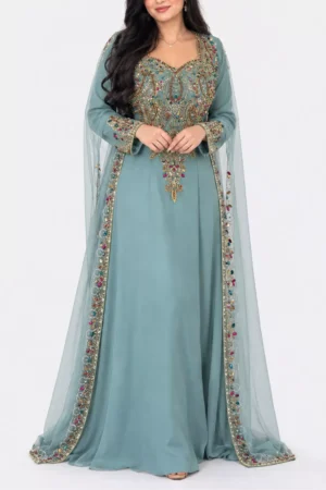 Moroccan kaftan dress with gold embroidery colorful beadwork long sleeves, and sheer embellished cape panels (1)