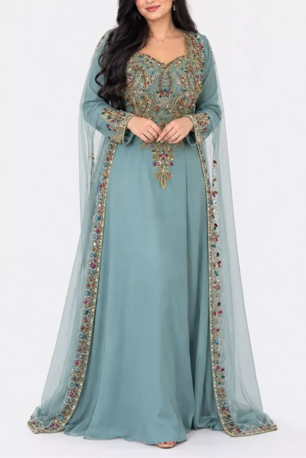 Moroccan kaftan dress with gold embroidery colorful beadwork long sleeves, and sheer embellished cape panels (1)