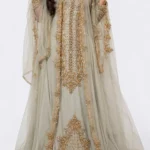 Sage green bridal kaftan with gold embroidery crystal beadwork embellished sleeves and a sheer matching veil (1)