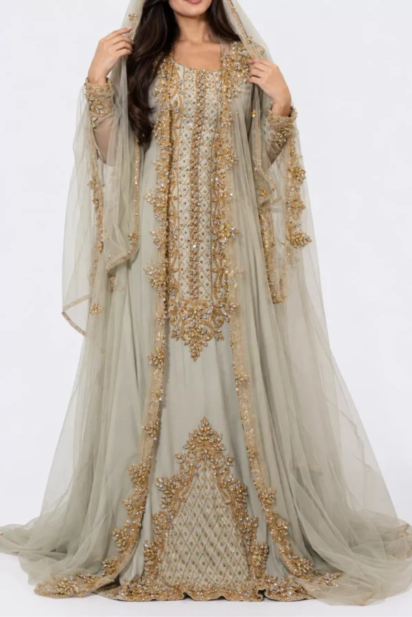 Sage green bridal kaftan with gold embroidery crystal beadwork embellished sleeves and a sheer matching veil (1)