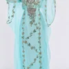 Turquoise Blue Moroccan kaftan dress with gold floral embroidery jeweled neckline and sheer draped sleeves (1)