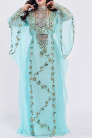 Turquoise Blue Moroccan kaftan dress with gold floral embroidery jeweled neckline and sheer draped sleeves (1)