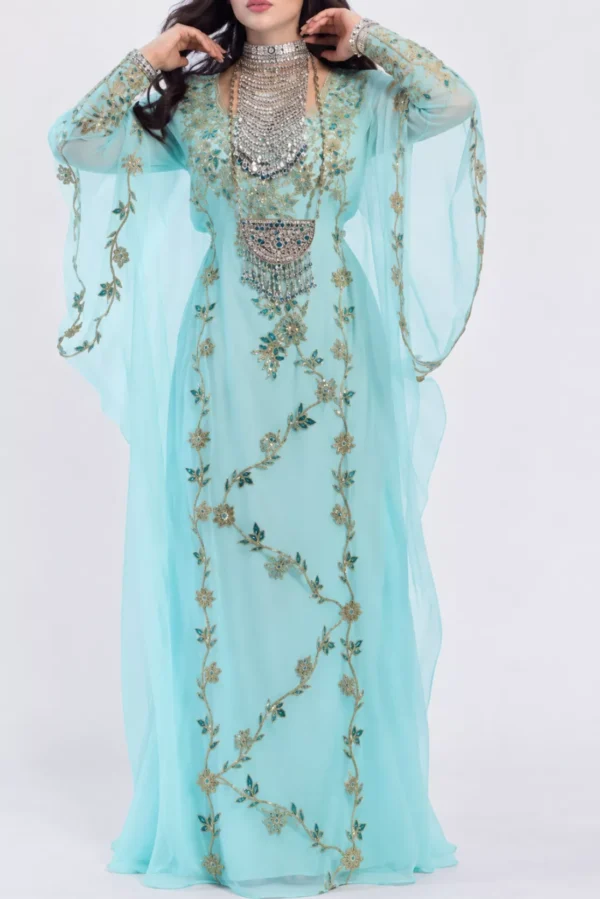 Turquoise Blue Moroccan kaftan dress with gold floral embroidery jeweled neckline and sheer draped sleeves (1)