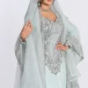 ice mint green bridal kaftan gown with intricate silver embroidery embellished sleeves and a sheer matching veil (1)
