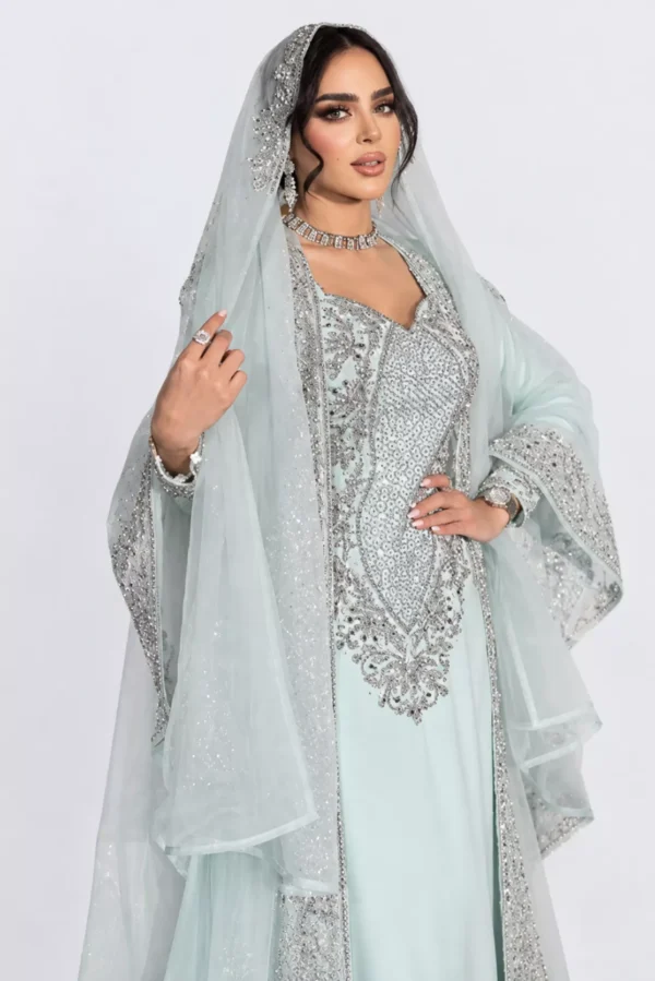ice mint green bridal kaftan gown with intricate silver embroidery embellished sleeves and a sheer matching veil (1)
